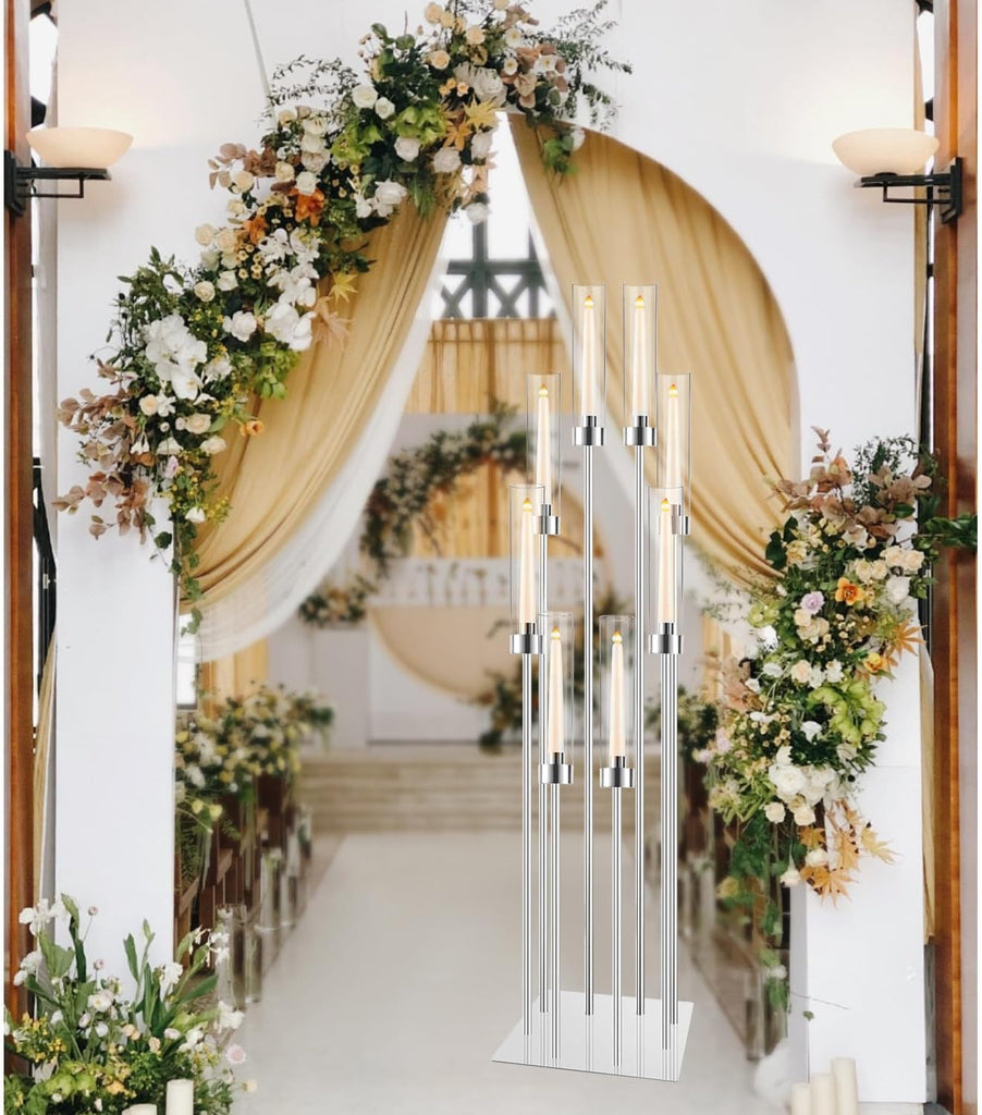 Large Floor Candelabra for Centerpiece: 8-arm Floor Candleholders with Acrylic Shades for LED Candles, Metal Pillar