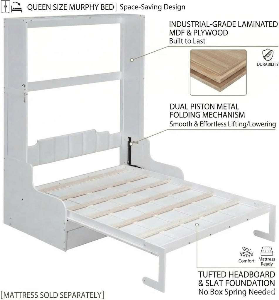 Queen Murphy Bed, Wooden Queen Murphy Bed Wall Bed with Sofa and Cushion, for Home Office or Small Room, White