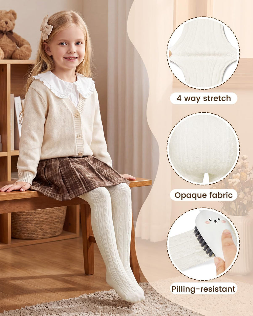 3 Pack Girls Cable Knit Cotton Warm Tights for Kids