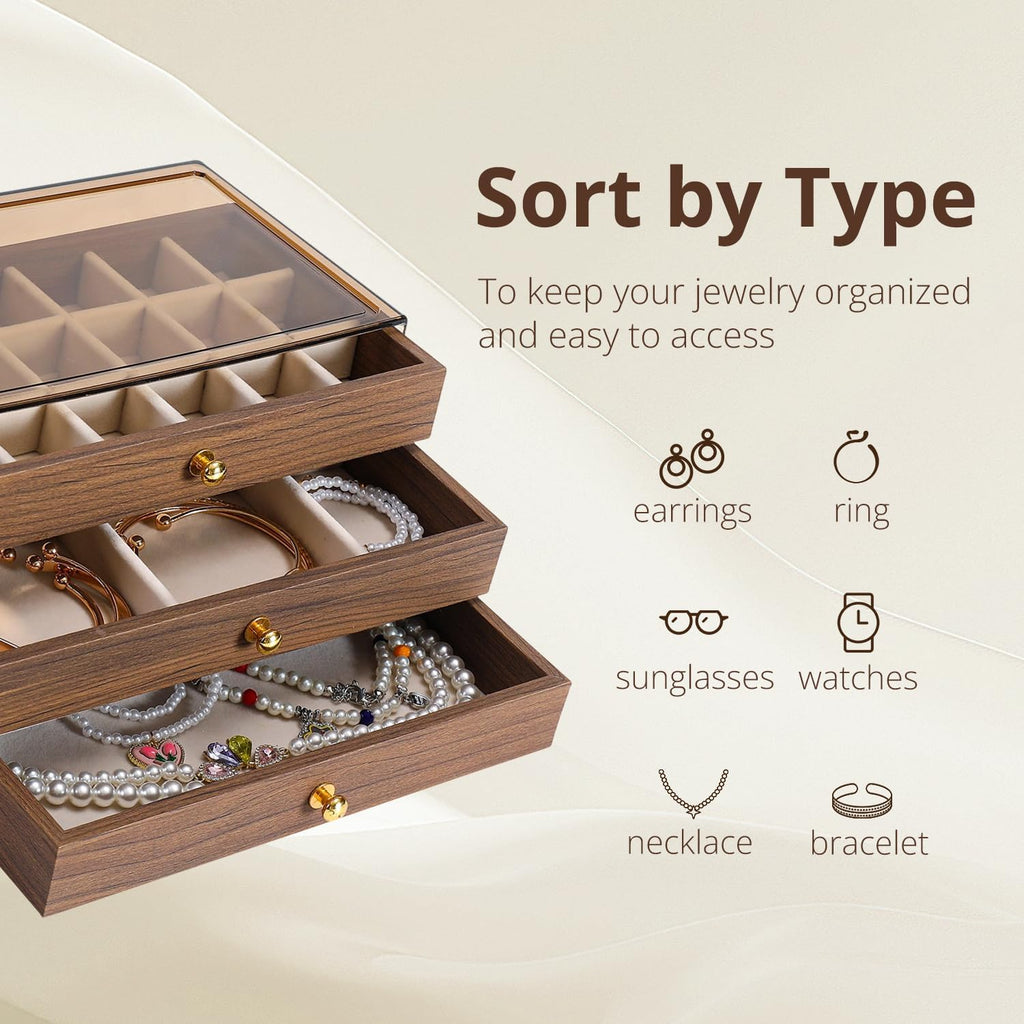 3 Layer Wooden Drawers Jewelry Box Vintage Style Jewelry Organizer with Acrylic Cover, Jewelry Storage Display Box