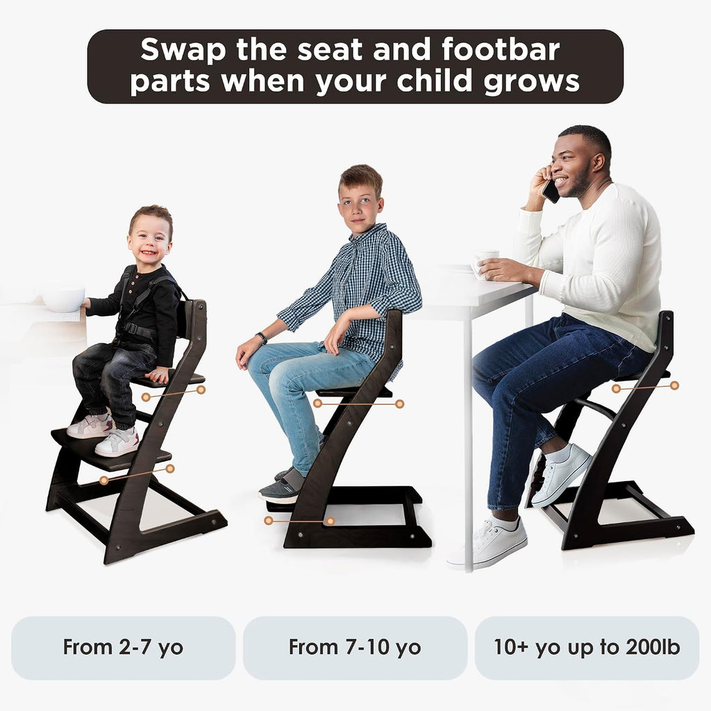 Modern Black Wooden High Chair | Adjustable Grow-with-Me Toddler Seat for Age 3 to 15 | Perfect for Minimalist &