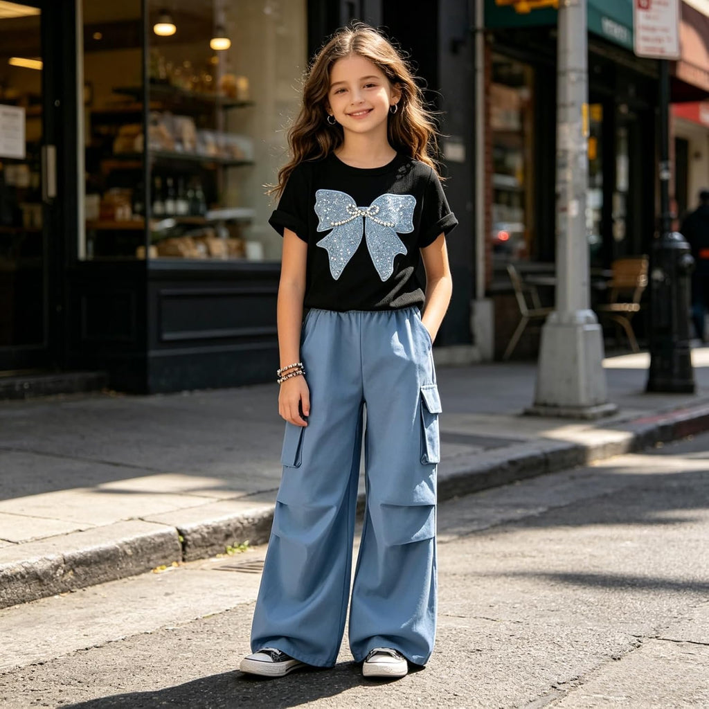 Clothes 2 Piece Cute Butterfly Print T-Shirt Tops & Cargo Pants Spring Summer Outfits Teen Tween Girls