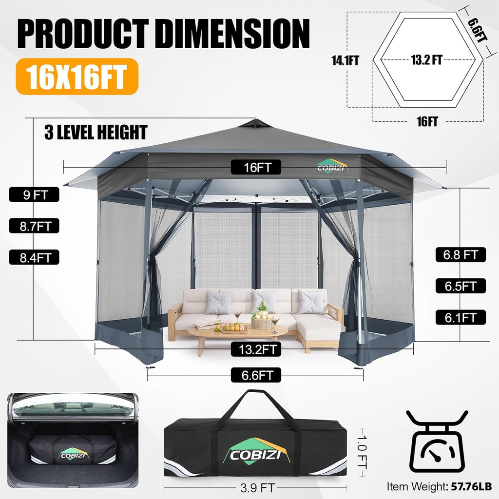 16x16 Pop Up Gazebo Tent with Mosquito Netting, Gazebos on Clearance, Hexagonal Outdoor Canopy Shelter