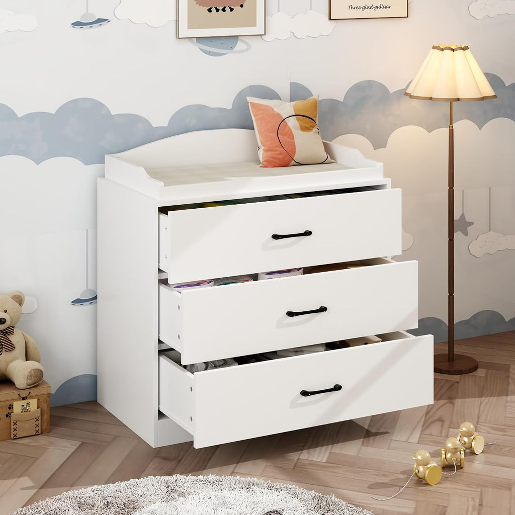 3 Drawer Nursery Dresser, Baby Dresser with Changing Topper, Small Dresser for Infant Diaper Storage, Changing