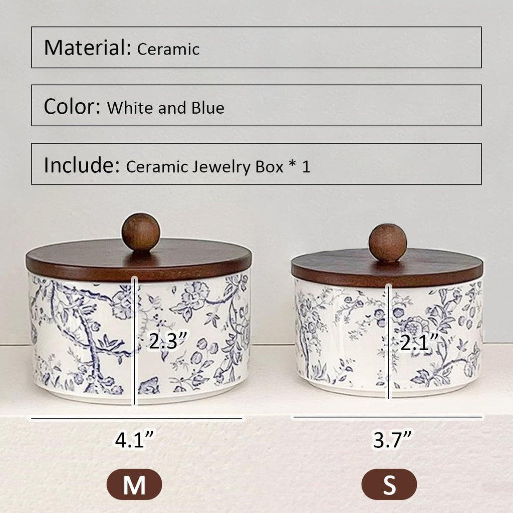 Ceramic Jewelry Box with Wood Lid Blue White Jewelry Case Ring Holder Trinket Vintage Floral Porcelain Round Jewelry