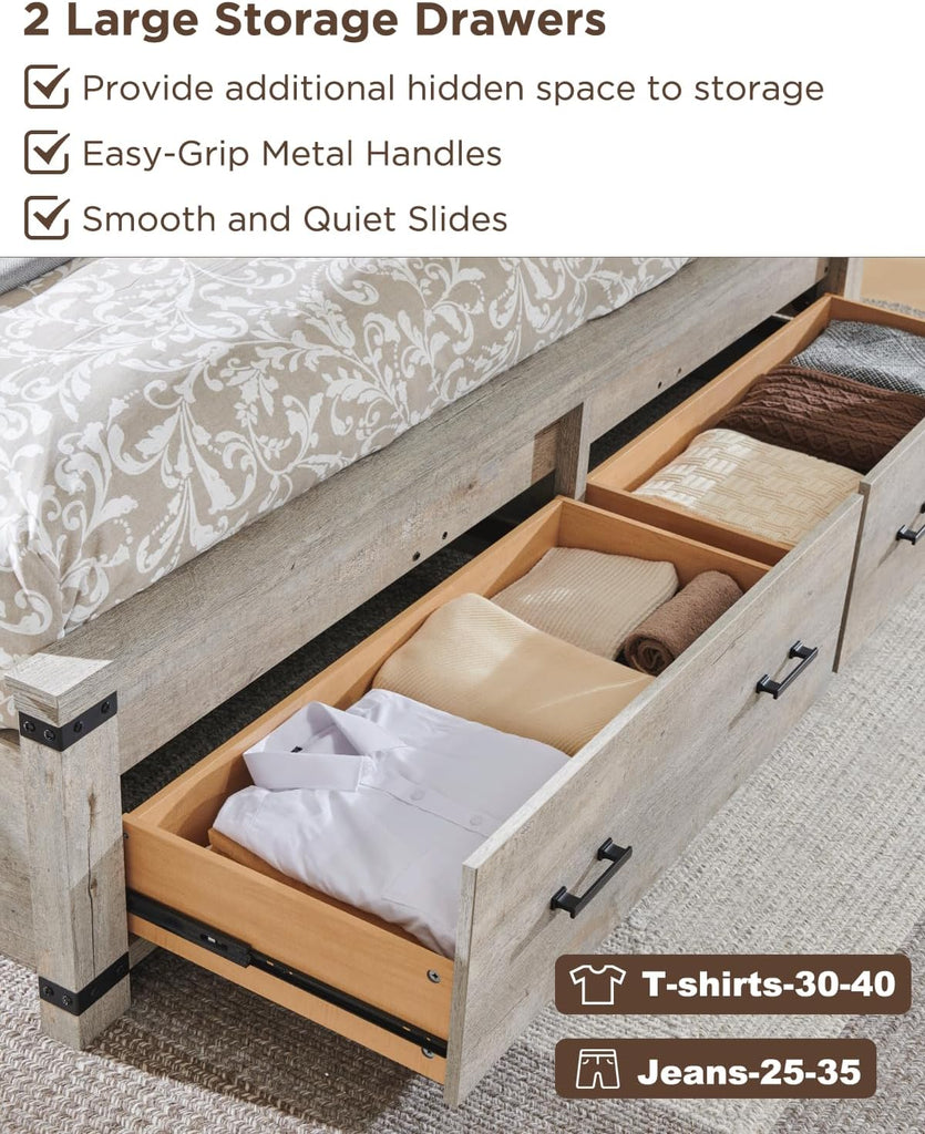 54" Tall Farmhouse Queen Wood Bed Frame with Headboard, Light Rustic Oak