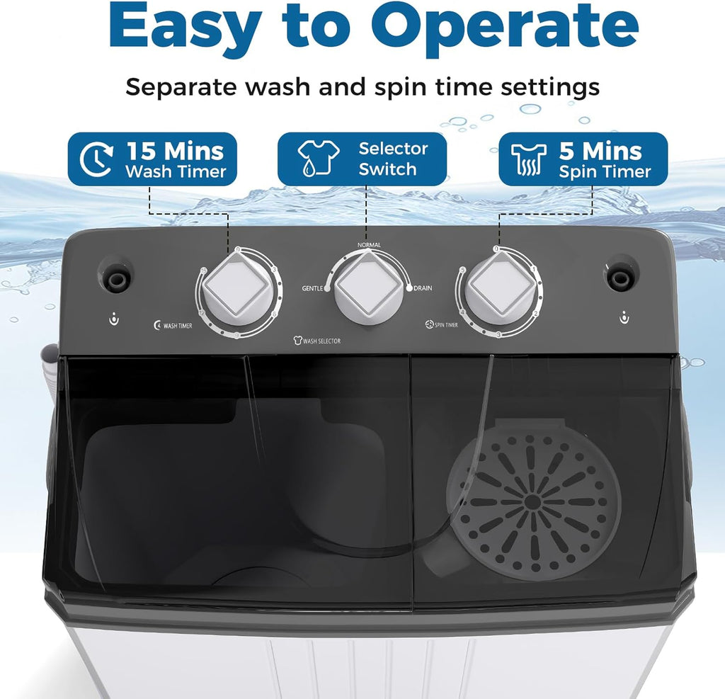 Portable Washing Machine, Twin Tub 20Lbs Capacity, Compact Laundry Washer(12Lbs) and Spinner(8Lbs), Durable Design for