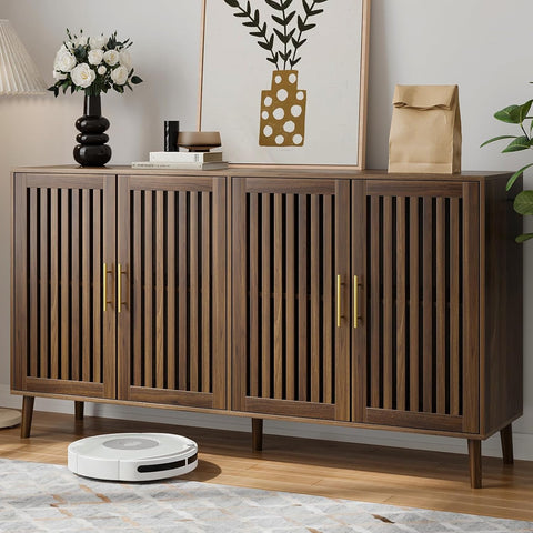 Buffet Cabinet with Storage, 63" Walnut Sideboard with Grille Doors&Adjustable Shelf
