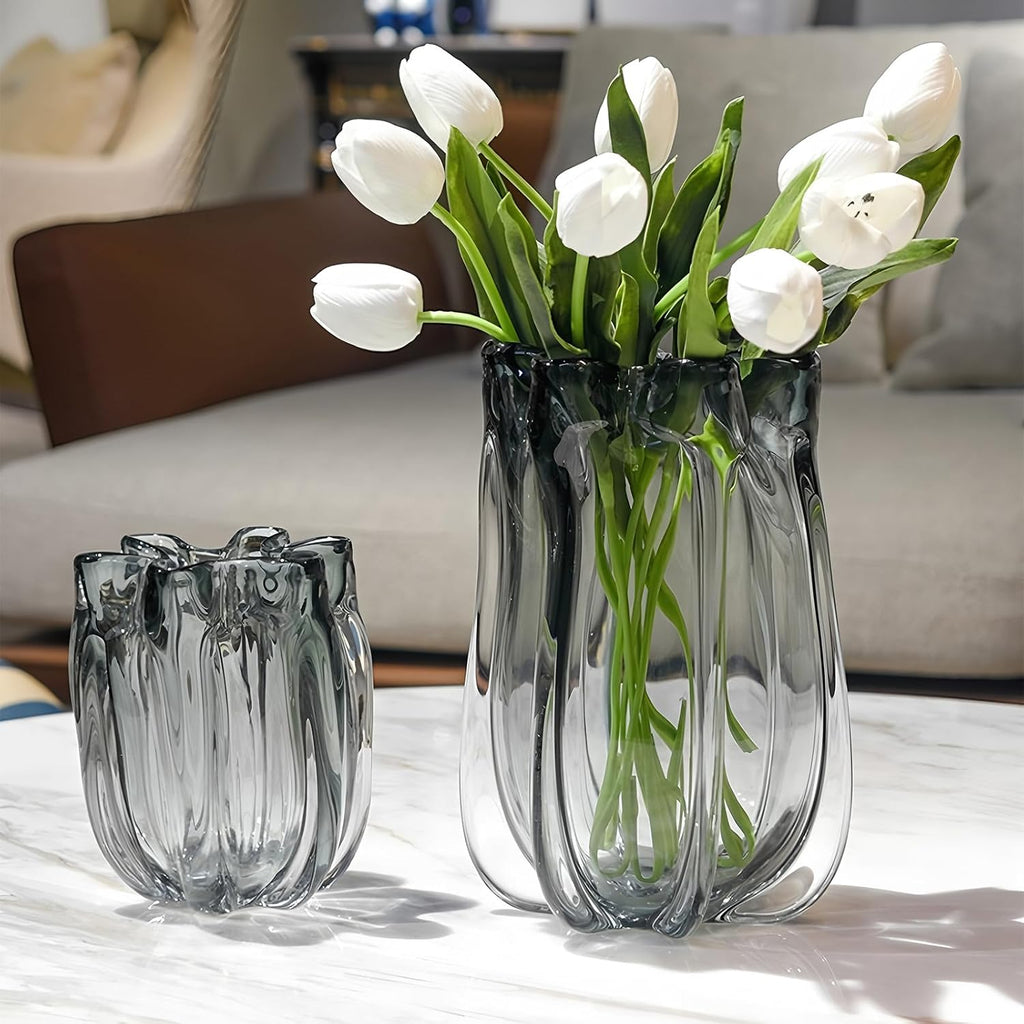 Black Advanced Grey Glass Vase for Flowers, Hand Blown Art Glass Glass vase,Room Decoration and Centerpiece