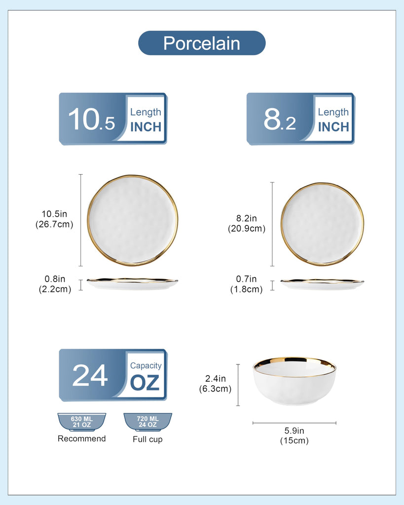 12 Pieces Plates and Bowls Sets, Porcelain White and Gold Dinnerware Sets, Round Dinner Plates Dishes Set Service