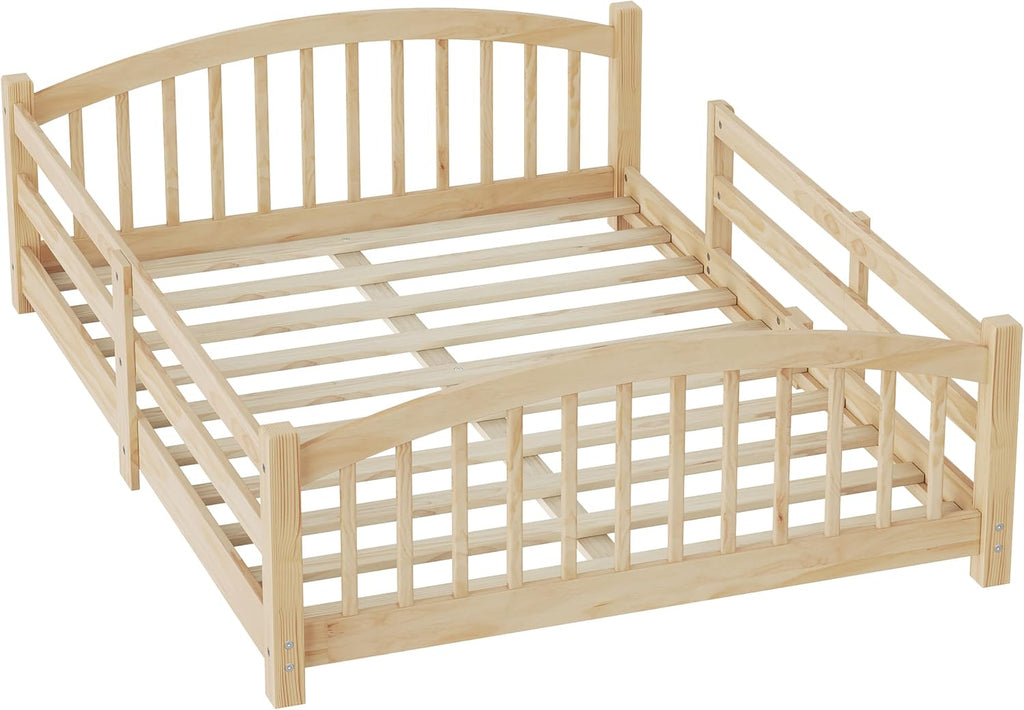 Montessori Floor Bed with Safety Fence, Solid Wood Floor Bed Frame for Boys Girls, Wooden Slats Support, No
