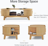 Coffee Table, Dual Oval Coffee Table with with Storage Cabinet and Sliding Tambour Door, 2-Tier Open Storage Shelf