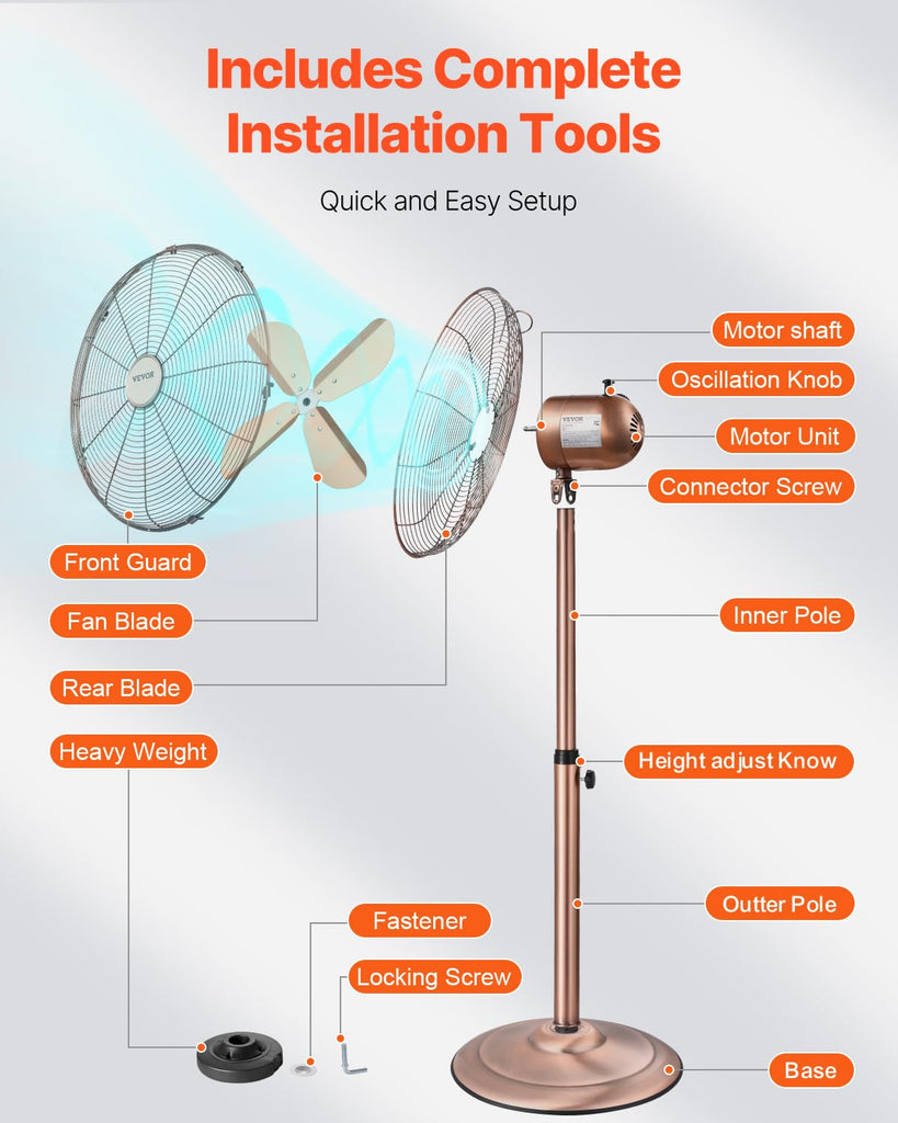 Industrial Pedestal Fan, 16 Inch 75-Degree Oscillating Fan, Height Adjustable Standing Fans with 3 Adjustable Speeds