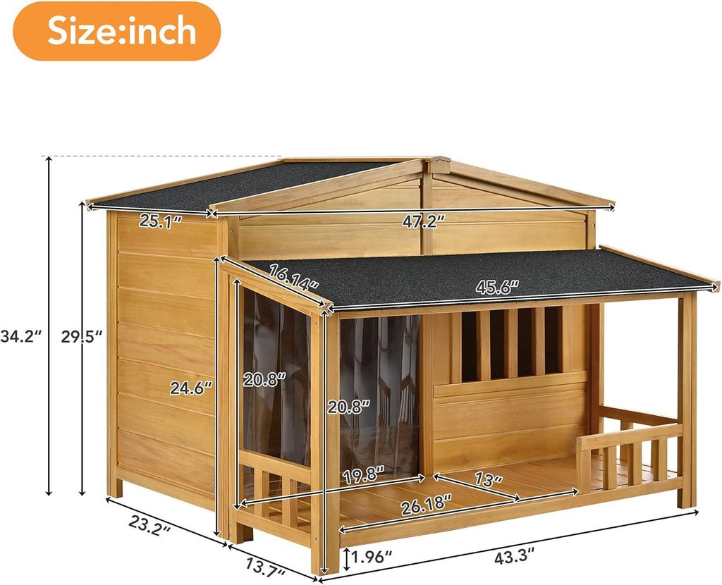 47.2" Medium Size Wooden Dog House with Porch Removable Door Curtain Pet Kennel Cabin Style Raised Dog Shelter