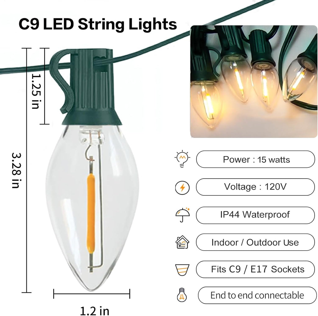 25FT C9 Christmas Lights Outdoor, Clear Warm White LED, Waterproof