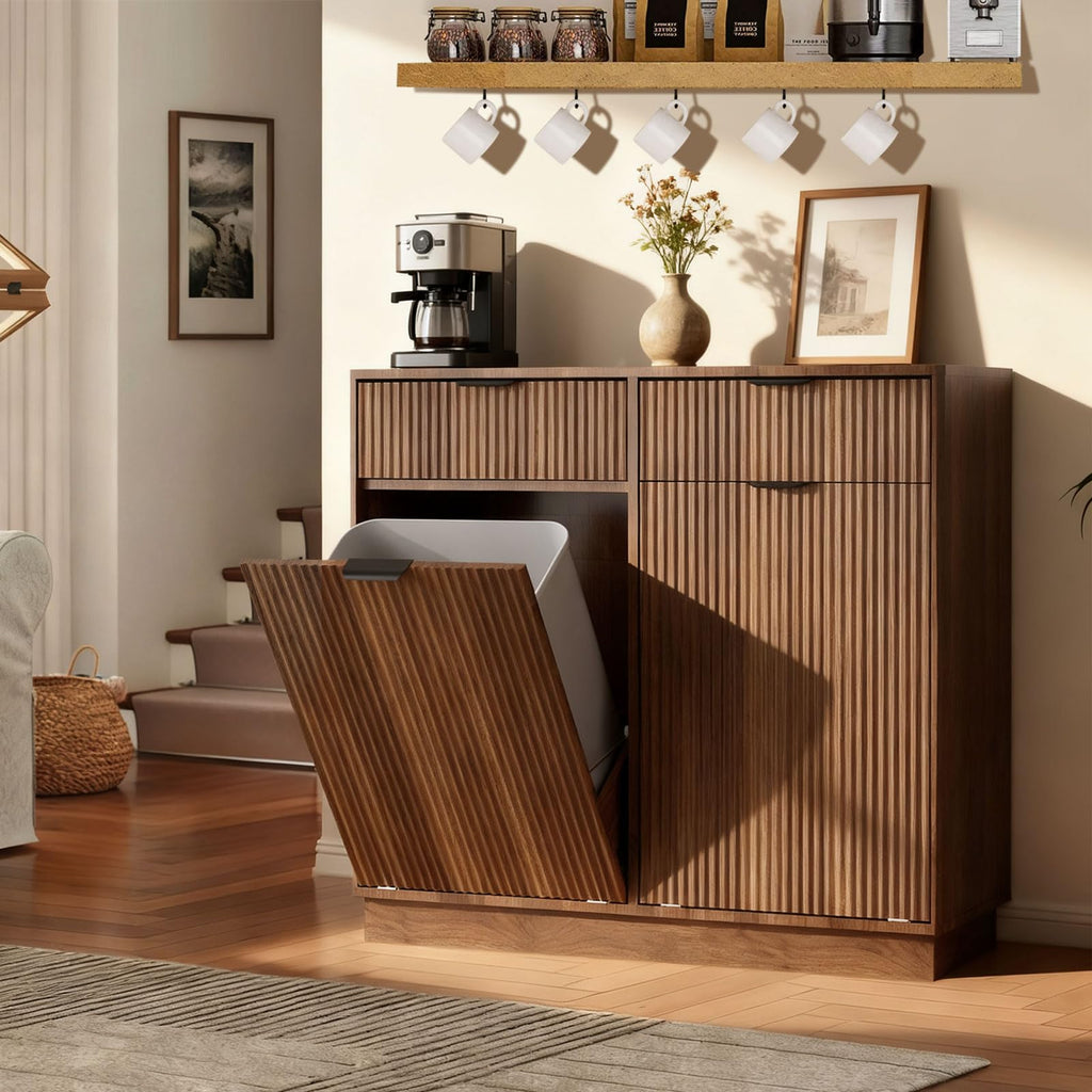 Double Tilt Out Trash Can Cabinet, Hidden Trash Cabinet with Storage Drawers, Walnut Laundry Hamper Cabinet with