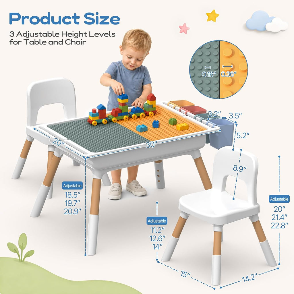 6 in 1 Kids Table and 2 Chairs Set, Dual Size Block Building Desktop