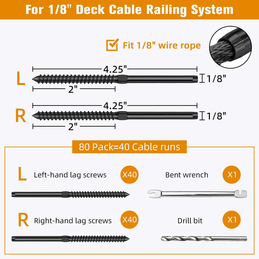 Swage Lag Screws for Cable Railing - 80 Pack Black T316 Stainless Steel Left and Right Handed Thread - 1/8" Cable