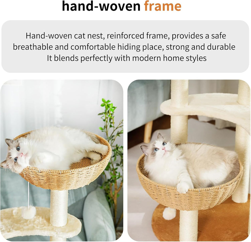 55.5-Inch Modern Cat Tree for Large Cats with Woven Basket Beds