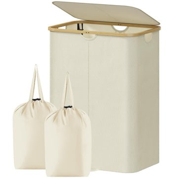170L Double Laundry Hamper with Lid and Removable Bag, Beige