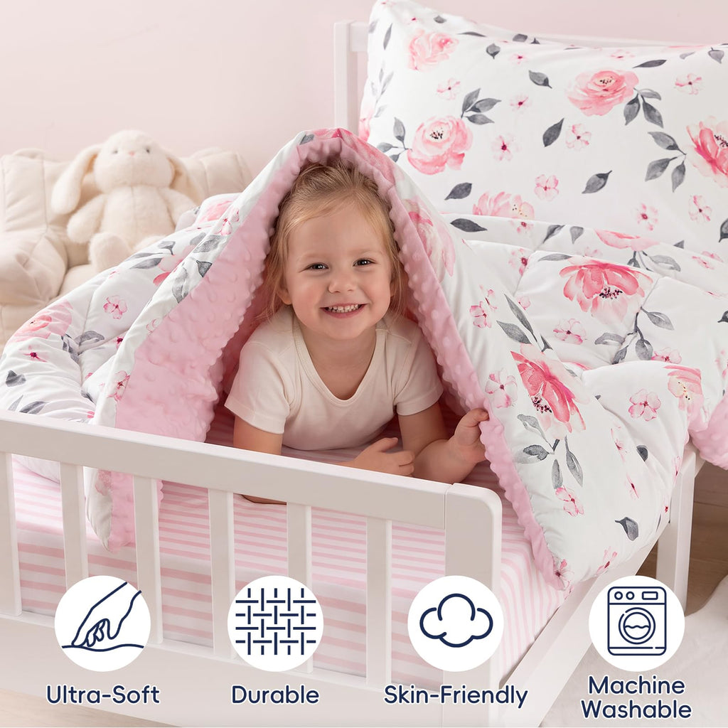 4 Piece Minky Toddler Bedding Set, Ultra Soft Fluffy Skin-Friendly Soothing Minky Dot Toddler Comforter Set, Unique