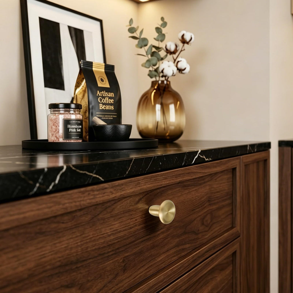 4 Pack Solid Brass Cabinet Knobs - 1.18" Round Mushroom Drawer Knobs, Brushed Gold Hardware Dresser Cupboards