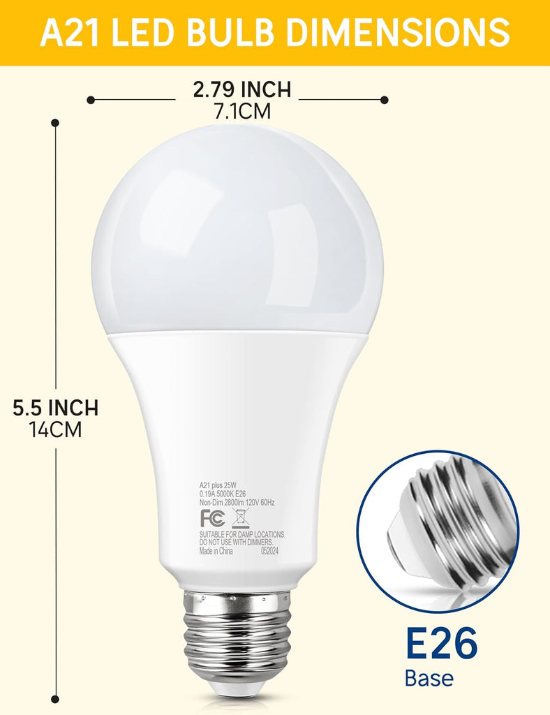 LED Light Bulbs, 25W Bright White 5000K, A21 E26, 4pcs