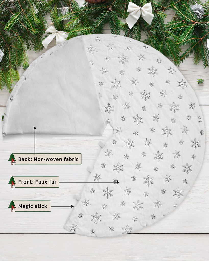 72 Inches Faux Fur Christmas Tree Skirt, Silver Sequin Snowflake