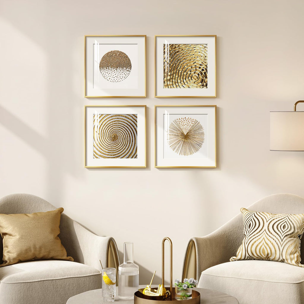 4 Piece Framed Modern Gold and White Wall Art, 12x12 Inch
