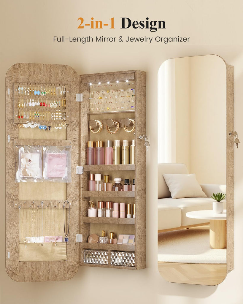 6 LEDs Mirror Jewelry Cabinet Door Hanging, 42.5", Lockable, Brown