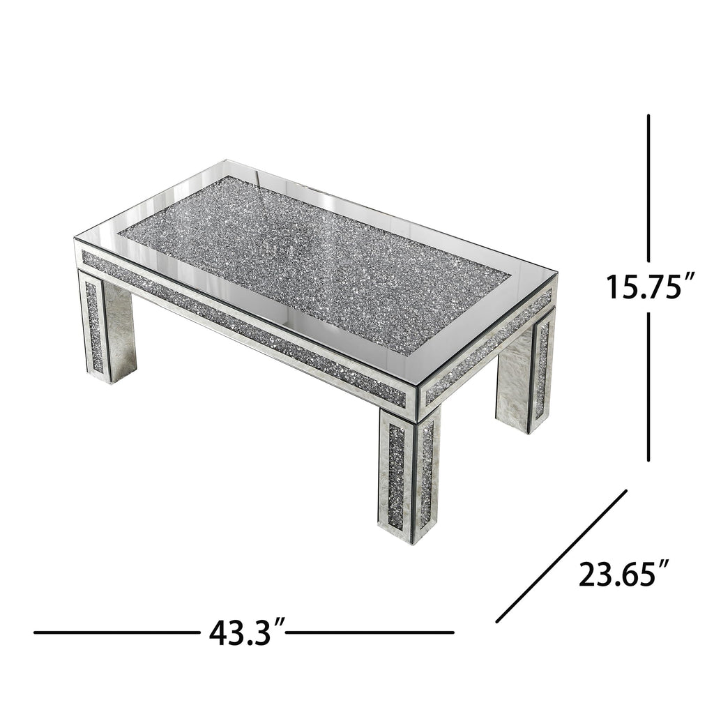 43.3" Silver Mirrored Coffee Table with Crushed Diamond Inlay
