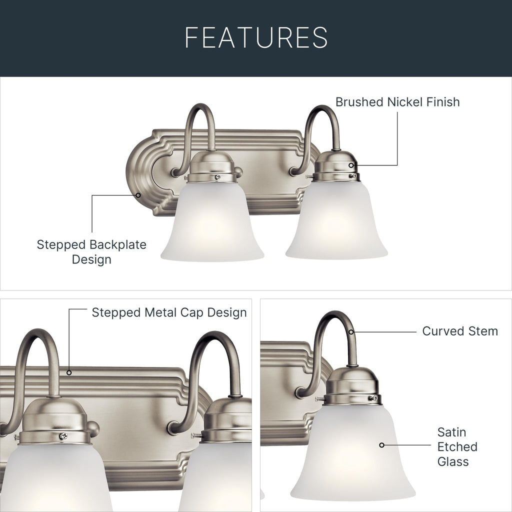 2-Light Bathroom Vanity Light, Brushed Nickel