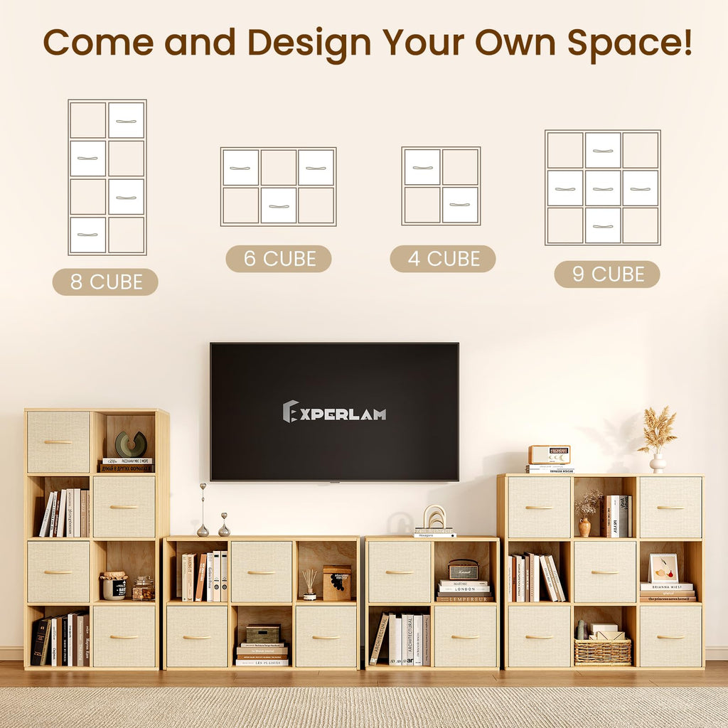 4 Cube Storage Organizer - Solid Wood Bookshelf with 2 Storage Bins, Cube Shelf with 2 Removable Back Panels