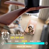 Modern 52 Inch Flush Mount Ceiling Fan with LED Lights and Remote Control - 3 Wood Blades, Reversible DC Motor, 6 Speeds, Timer - Walnut and Matte Black