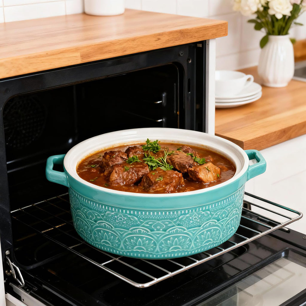2 Quart Round Ceramic Casserole Dish with Lid, 7.5 Inch Covered Casserole for Oven, Glazed Ceramic Baking Dish