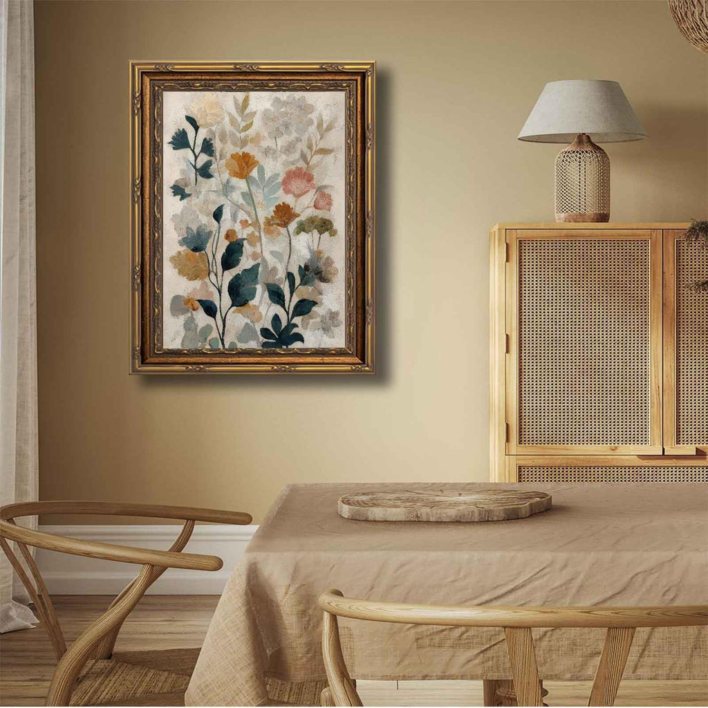 Gold Framed Beige Floral Canvas Wall Art Vintage Country Botanical Earth Tone Flower painting Decor Pictures Boho