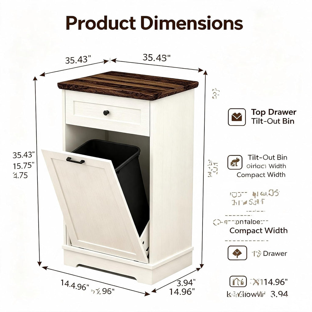 13 Gallon Tilt Out Trash Cabinet Freestanding Wood Garbage Recycling Station with Storage Drawer, Pet Proof Trash Can