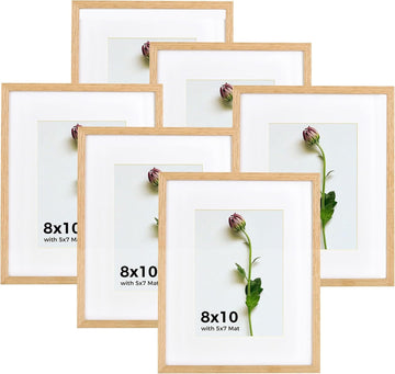 8x10 Picture Frame Set of 6 Solid Oak Wood Photo Frames with Plexiglass Display Picture 5x7 with mat or 8 x 10