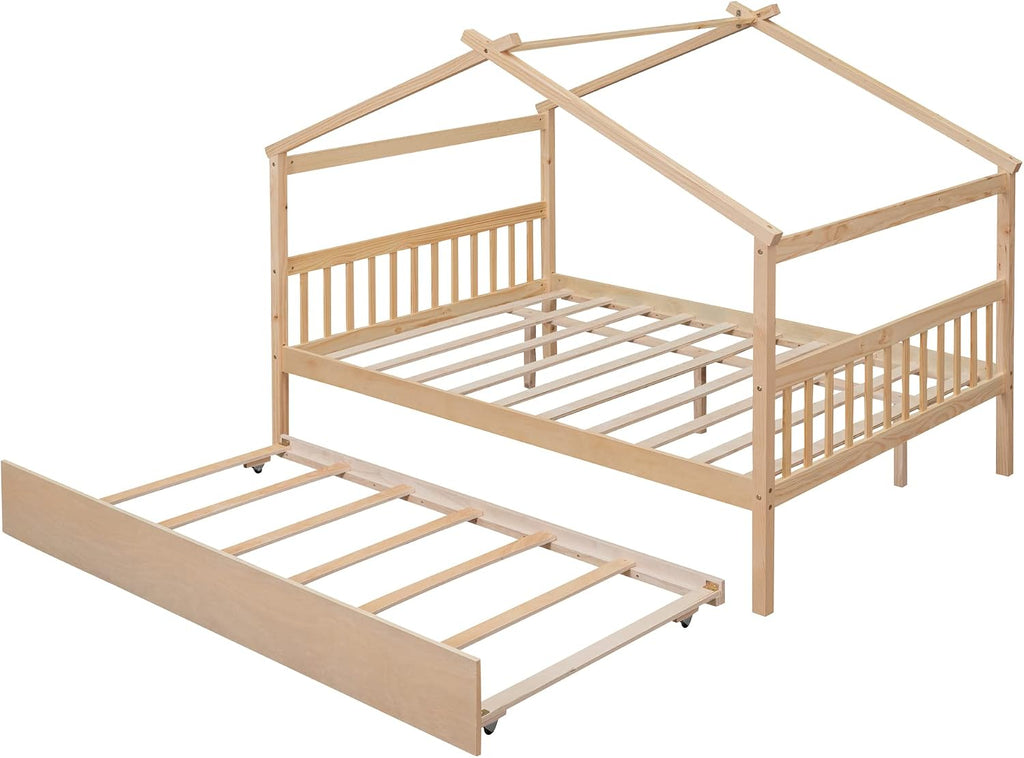 Full House Beds with Trundle Wooden Kids Montessori Bed Frame Wood Playhouse Tent Bed Frame for Girls Boys, Full