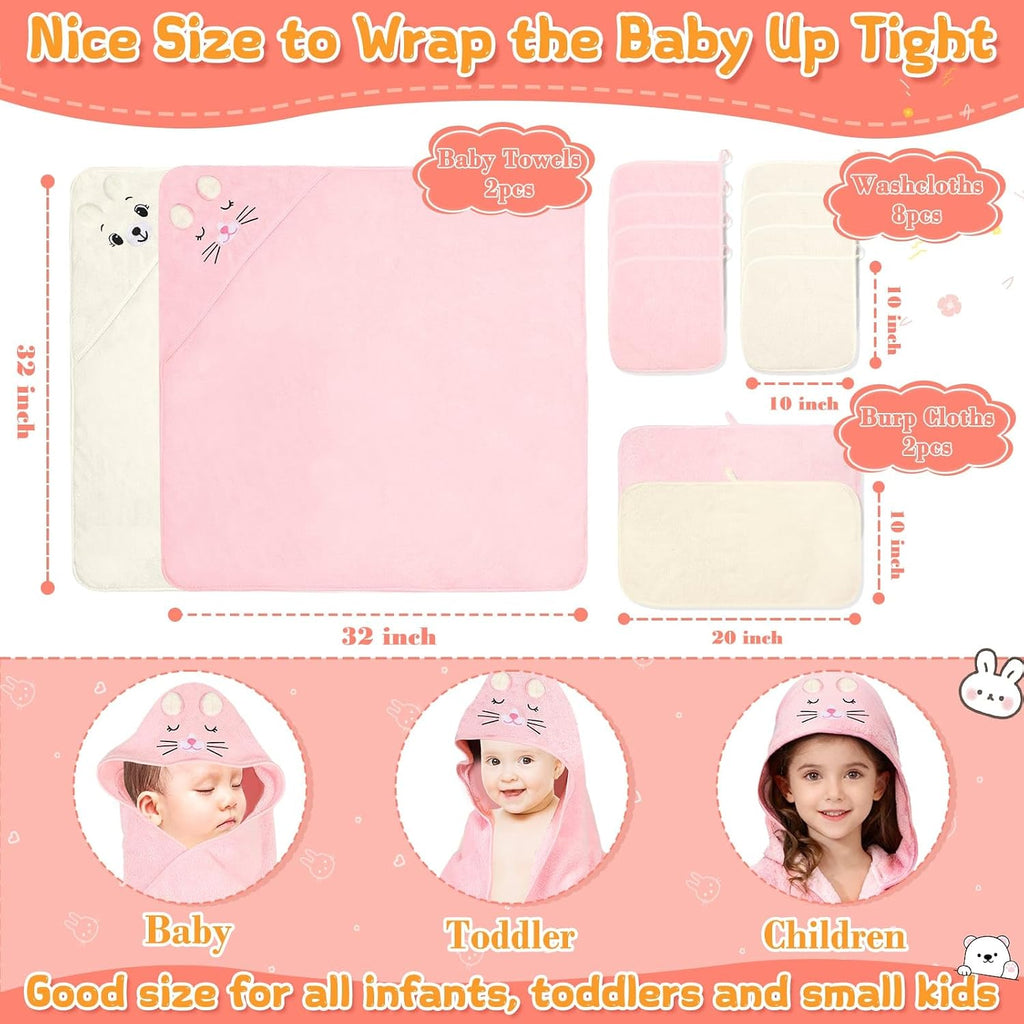 12 Pcs Baby Bath Towels Set for Infants Toddlers, 2 Pcs Animal Hooded Bath Towel, 2 Pcs Baby Burp Cloths & 8 Pcs