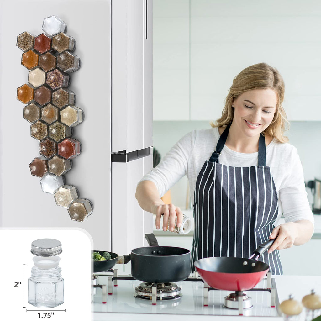 Set of 24 Hexagon Glass Spice Jars with Shaker Lids and Labels for Refrigerator, Kitchen, RV Travel Trailer Magnetic