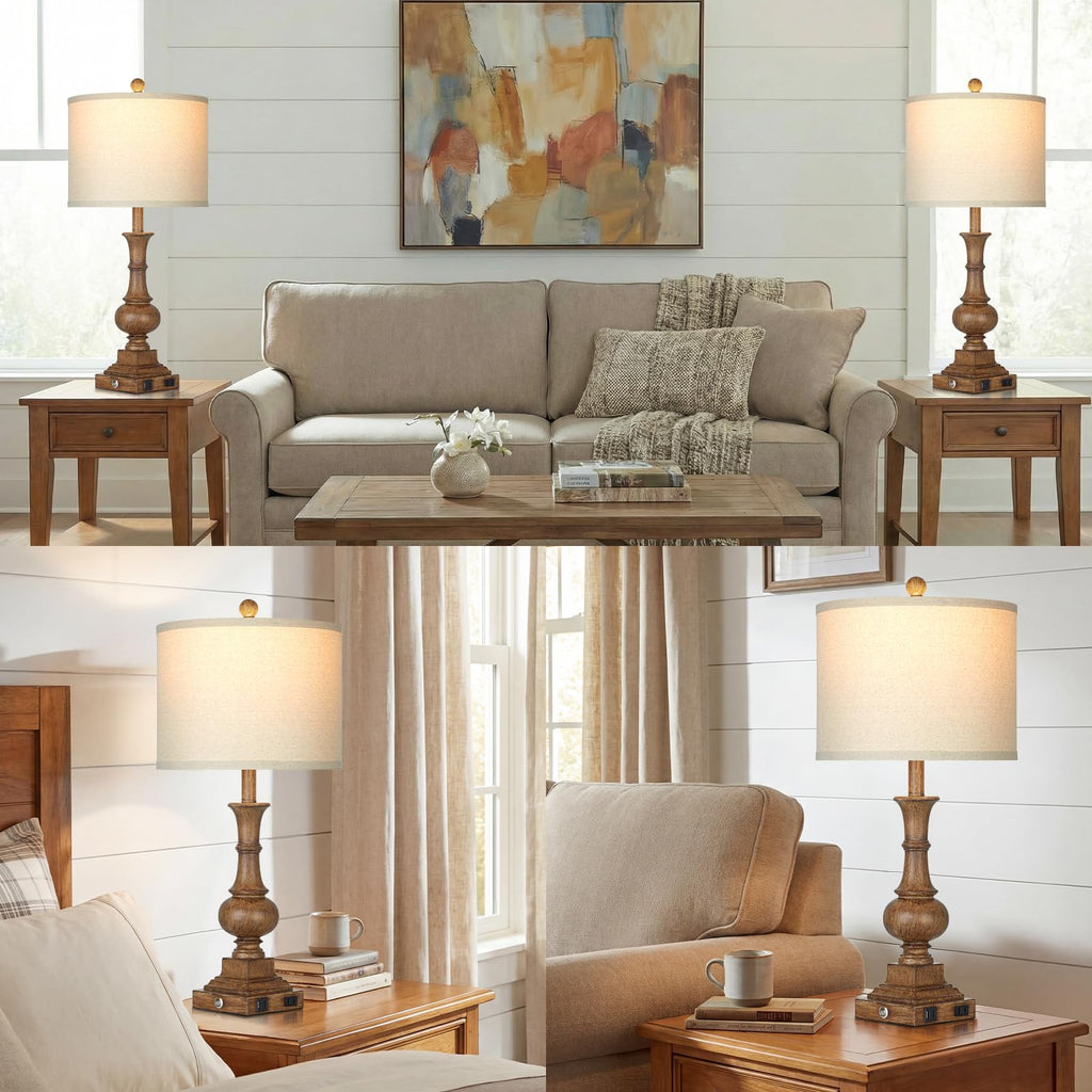 26" Tall Farmhouse Rustic Table Lamps Set of 2, Vintage Retro Nightstand Table Lamp with USB C+A Charging Ports & AC