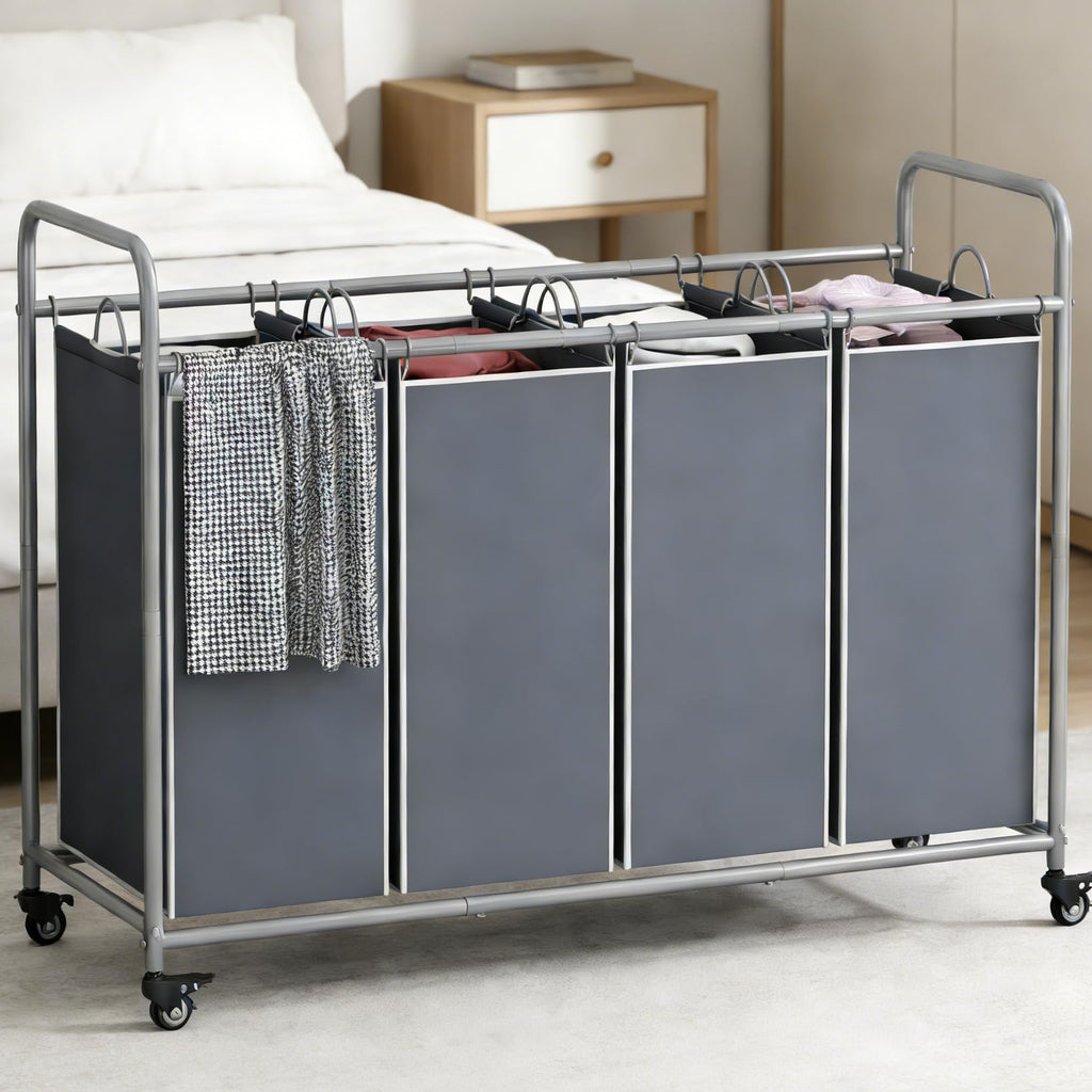 4 Section Laundry Hamper, Grey Laundry Basket, 180L Laundry Sorter