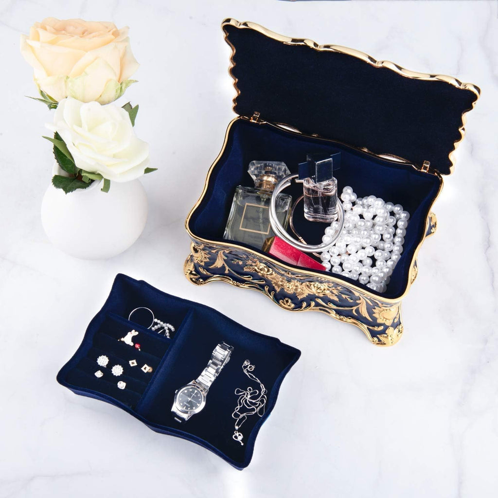 Vintage Two Layers Rectangle Trinket Jewelry Box Ornate Ring Earrings Treasure Case Keepsake Box Organizer