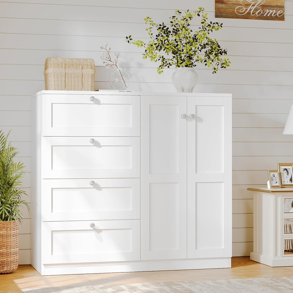 43''H Armoire Wardrobe Closet with 4 Drawers and 2 Doors | Small Clothing Storage Cabinet Dresser with Hanging Rod