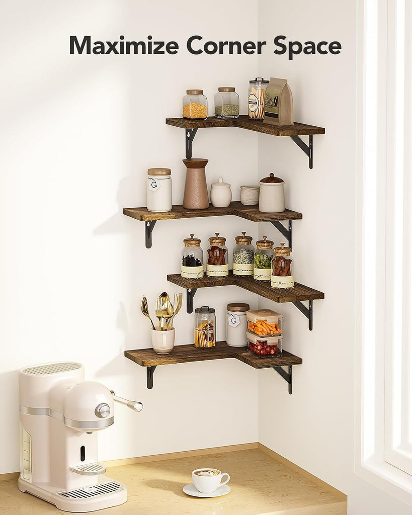 Corner Floating Shelves, Paulownia Wood, Set of 4, Brown