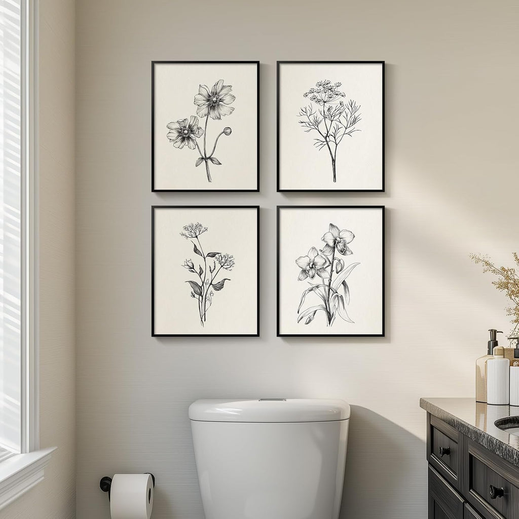 Framed Black and White Bathroom Wall Art, 4 Piece Vintage Floral Canvas Prints Artwork for Farmhouse, Rustic