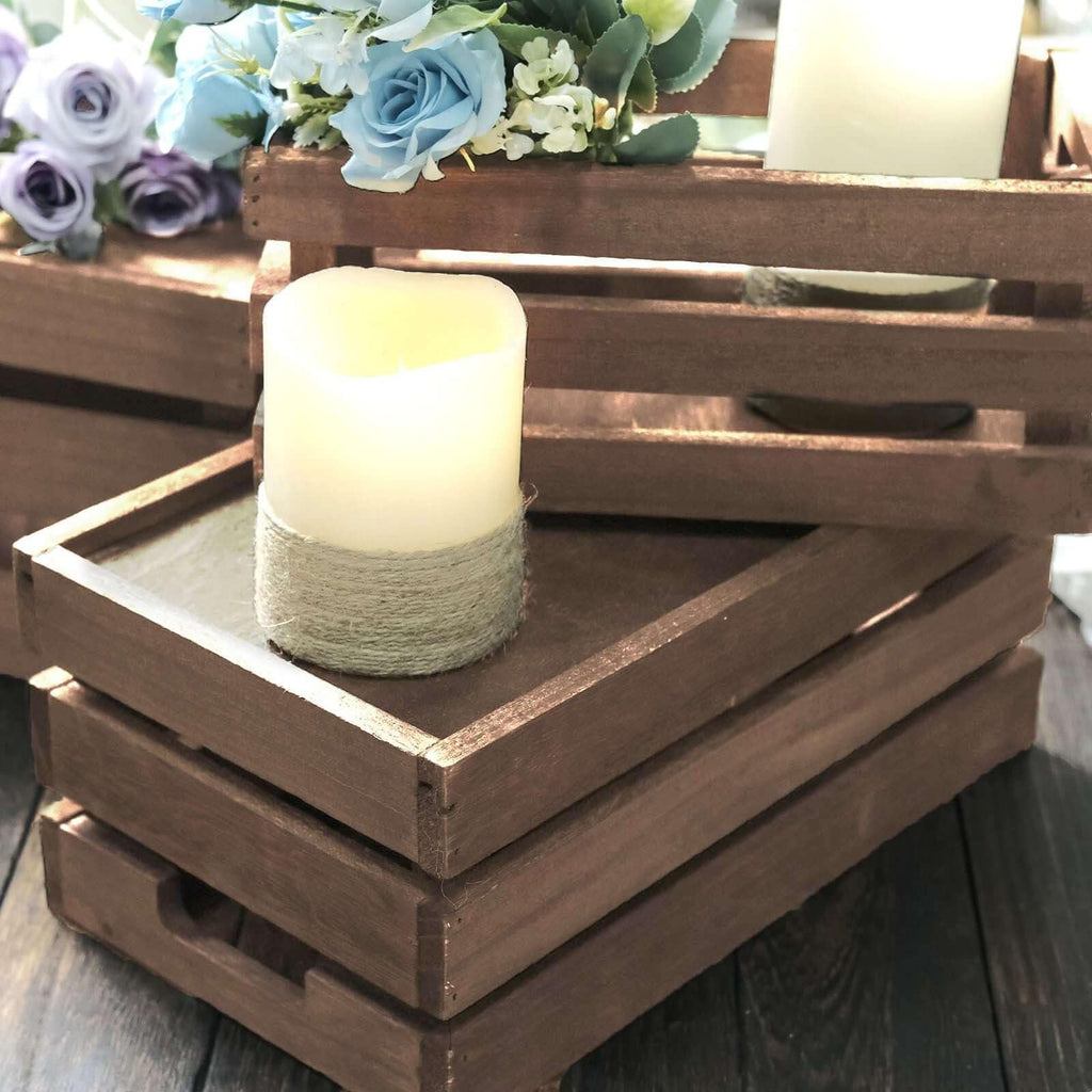 Set of 3 Brown Rustic Wooden Nesting Crates with Built-in Handles, Decorative Farmhouse Storage Boxes and Display