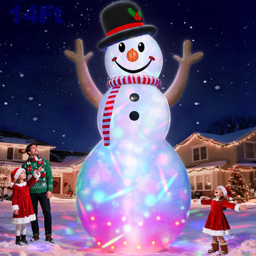 14 Ft By 7.5 Ft Huge Christmas Inflatable Snowman with Rotating Colorful Lights Hat & Scarf Christmas Decorations