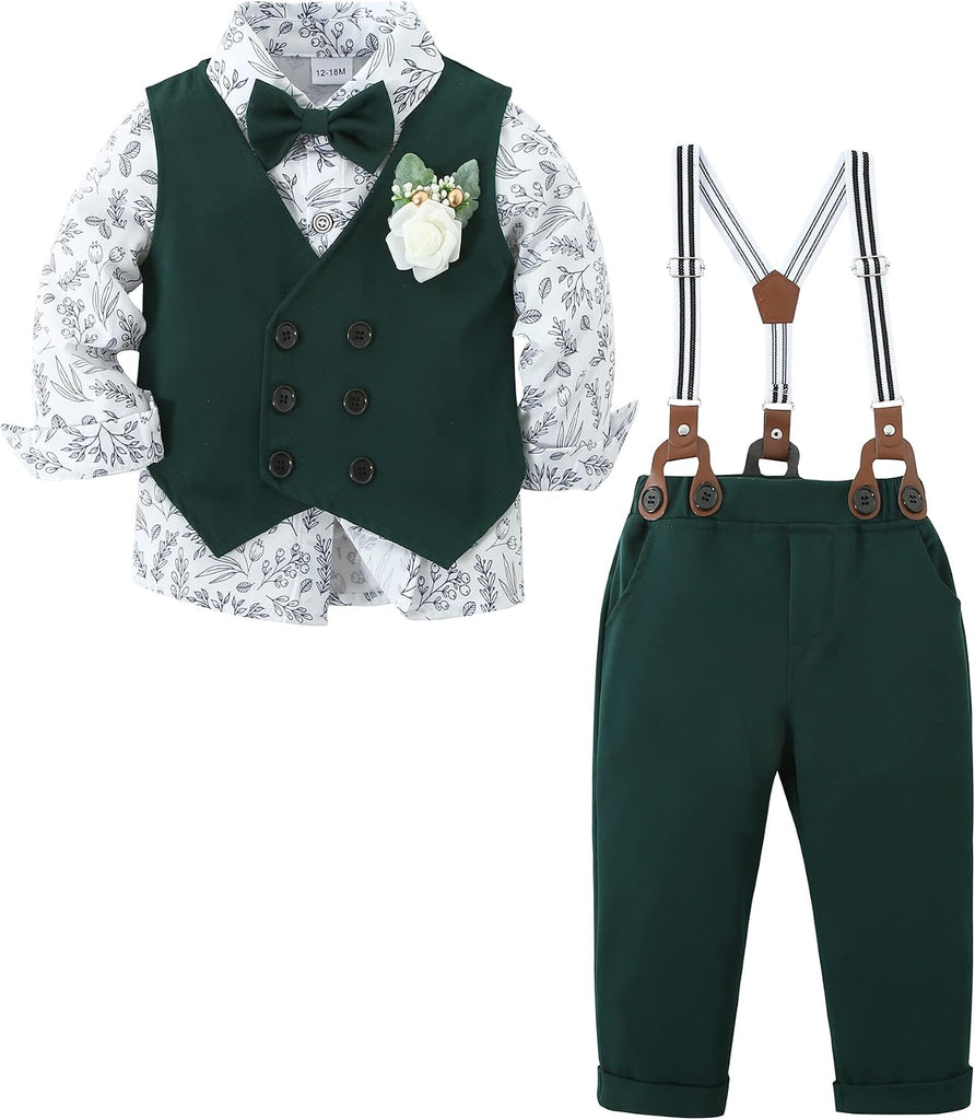 Toddler Baby Boy Clothes Suit Gentleman Wedding Outfits, Formal Dress Shirt+Bowtie+Vest+Boutonniere+Suspender Pants